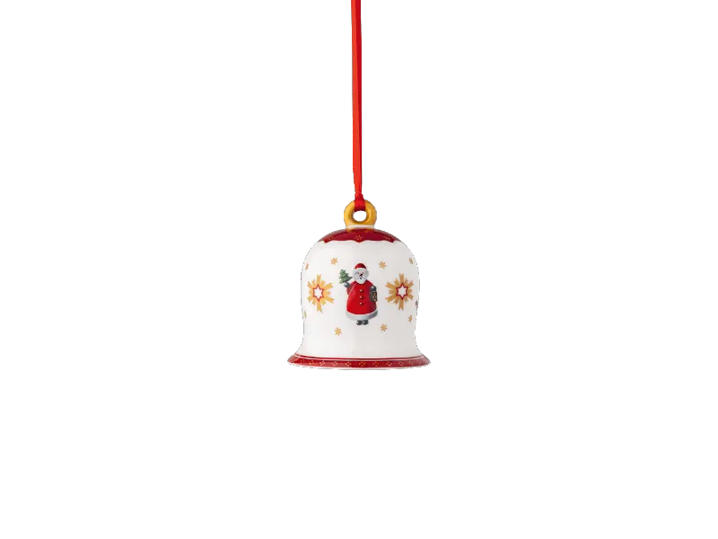 Advent Calendar sneak peak - 14 Bell Ornament A white bell ornament by Villeroy & Boch features red trim and a festive snowman motif, hanging from a red string against a plain backdrop.