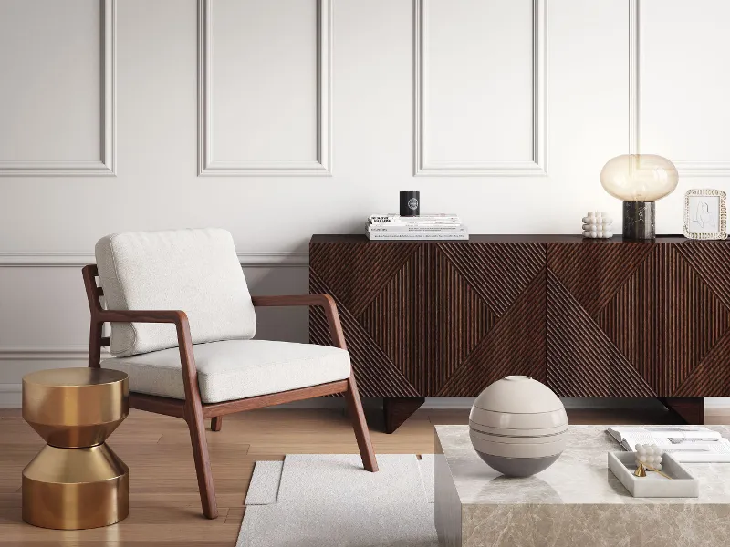 A Villeroy & Boch beige La Boule on a coffee table in a white living room with dark wooden furniture.