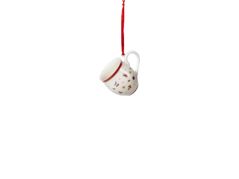 Advent Calendar sneak peak - 11 Mug ornament A white mug with a Christmas pattern hangs from a red ribbon.