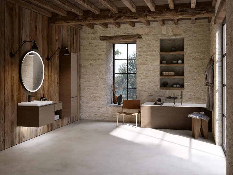 Subway 3.0 bath in a rustic bathroom with dark wooden ceilings.