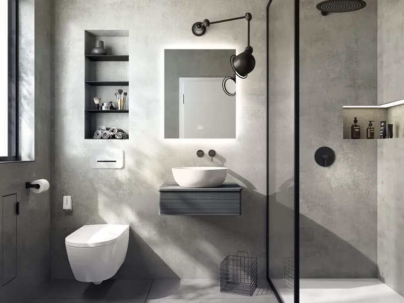 White Artis washstand in an industrial-style bathroom with concrete walls.