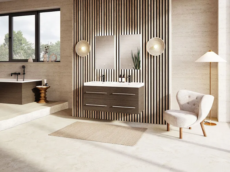 A bathroom with a wooden wall, in front of which is an Avento double washbasin on a wall-mounted vanity unit by Villeroy & Boch.