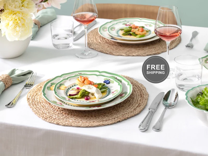 French Garden plate with a free shipping overlay sticker Free shipping callout sticker on image of French Garden plate.