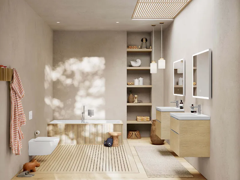 A bathroom with a wooden floor and elegant Subway 3.0 bathroom furniture in a wood look.