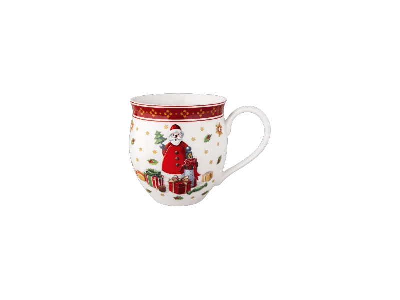Advent Calendar sneak peak - 06 Mug White mug with red rim from Villeroy & Boch with Santa Claus design and Christmas gifts.