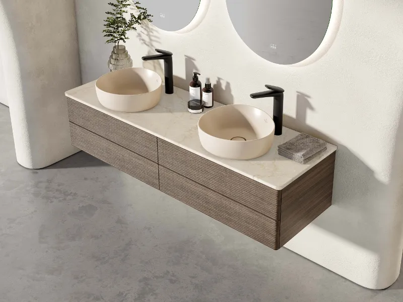 Vanity unit in light natural shades with two free-standing washbasins, black matt taps and mirrors by Villeroy & Boch.