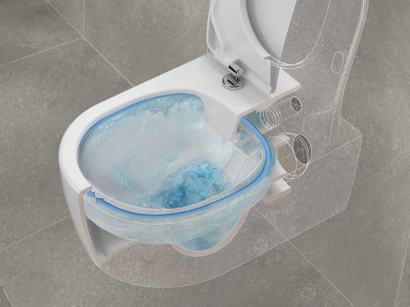 Ilustracja przedstawiająca system DirectFlush w toalecie Przekrój nowoczesnej toalety pokazujący przepływ wody podczas spłukiwania, z niebieską wodą wirującą w misce.