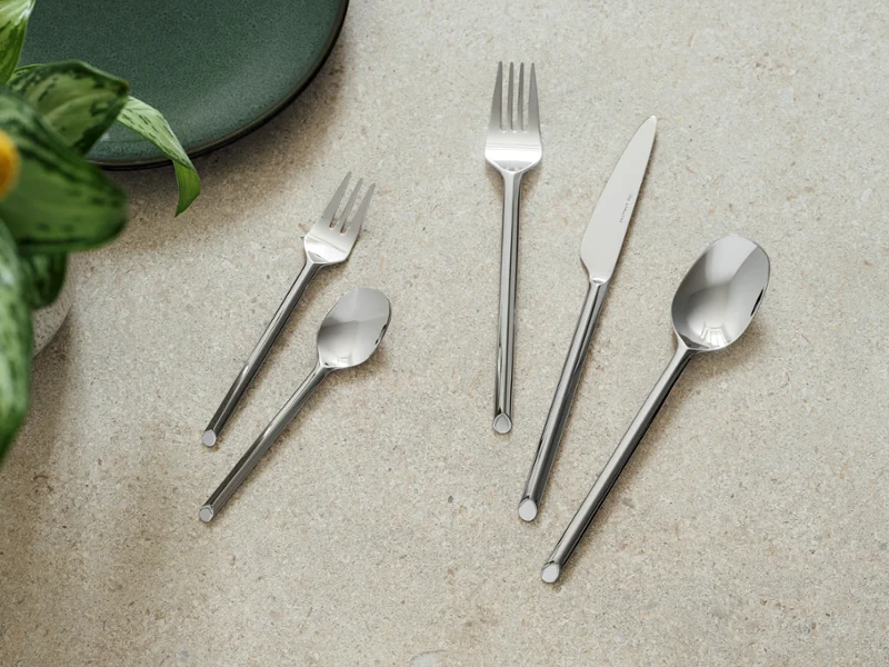 Five pieces of cutlery in Villeroy & Boch style - fork, knife, spoon, dessert fork and teaspoon - are arranged on a light-coloured stone surface next to a green plate and a plant.	