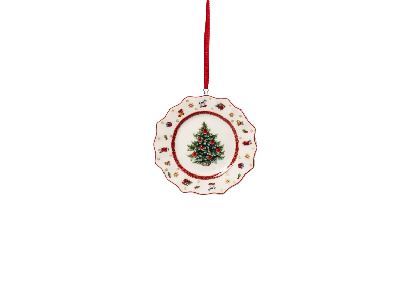 Advent Calendar sneak peak - 17 Plate ornament Villeroy & Boch ornament features a tree design with a wavy edge, decorated with Christmas motifs and is hanging from a red ribbon.