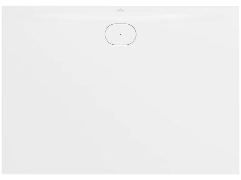 Villeroy & Boch Ecora shower tray in Stone White with oval waste cover, shown cut out on a white background.
