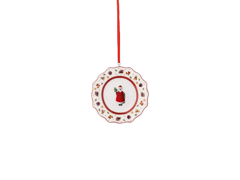 Advent Calendar sneak peak - 13 Plate ornament Villeroy & Boch's decorative ornament holiday plate, featuring a Santa Claus illustration and patterned edging, with a red ribbon.