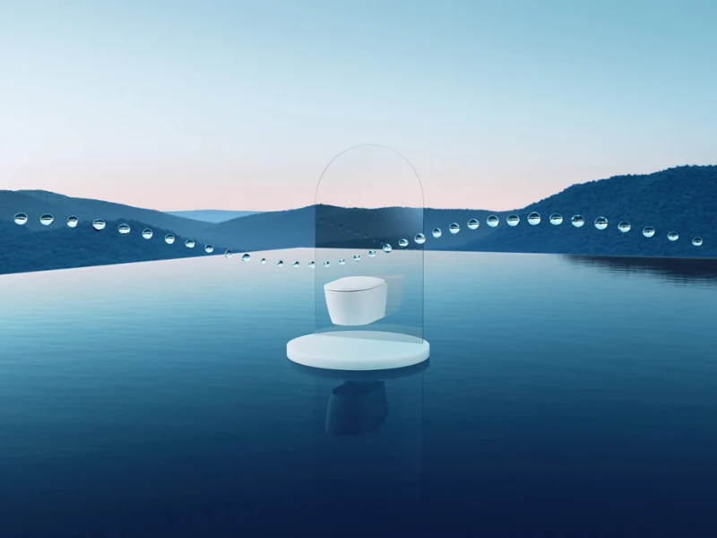 Supreo Shower Toilet Key Visual above calm water with droplets Supreo Shower Toilet Key Visual above calm water with droplets