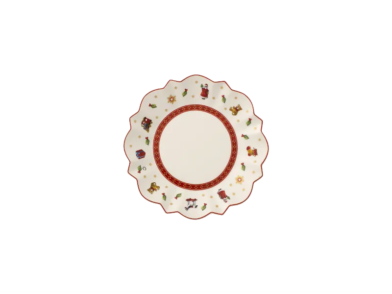 Advent Calendar sneak peak - 18 Plate Plate from Villeroy & Boch with a wavy rim shows decorative Christmas motifs along the edge, accented by a red rim.
