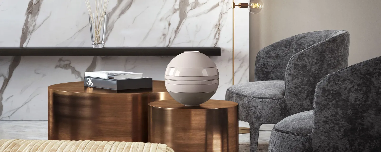 A living room table with a Villeroy & Boch beige La Boule on top and armchairs.