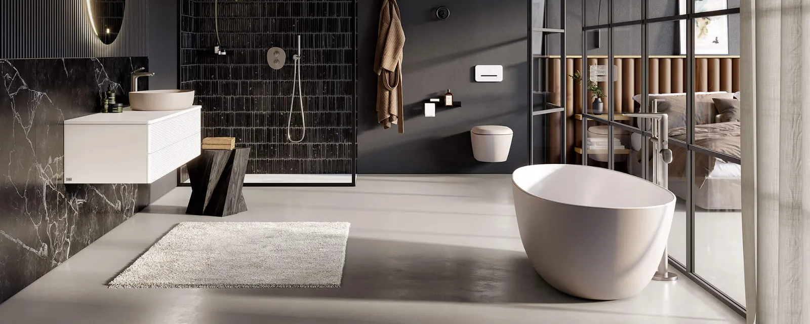 A modern bathroom with black walls and a white Antao bath by Villeroy & Boch.