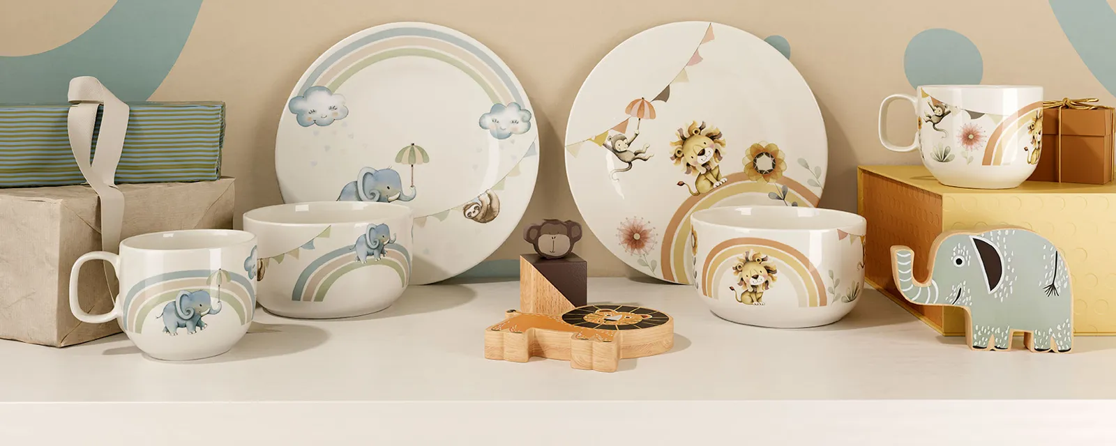 Boho Kids complete children's crockery sets as gifts with bunting in the background and a wooden toy.