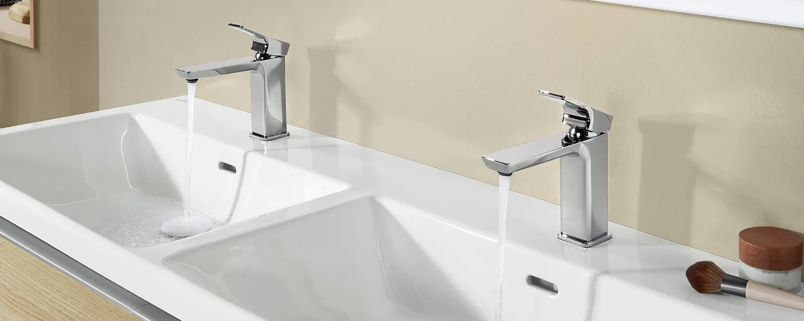 A Subway 3.0 tap on a double washbasin and vanity unit.