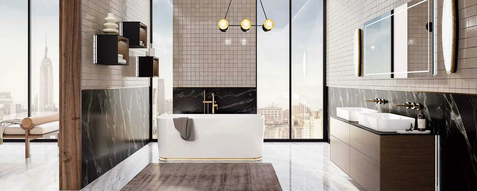 A freestanding bath from the Finion collection in a modern brightly lit bathroom.