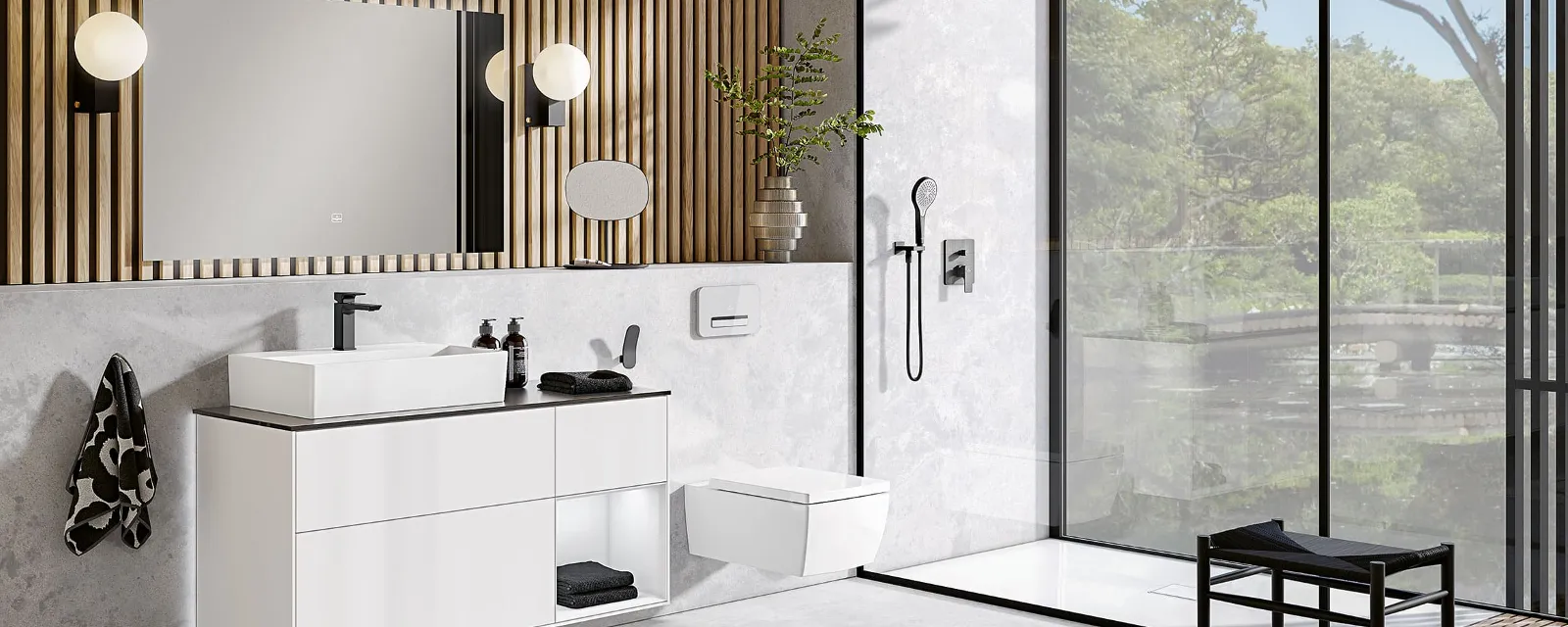 A modern bathroom with modern wooden ceilings and a white Memento 2.0 washbasin and toilet.