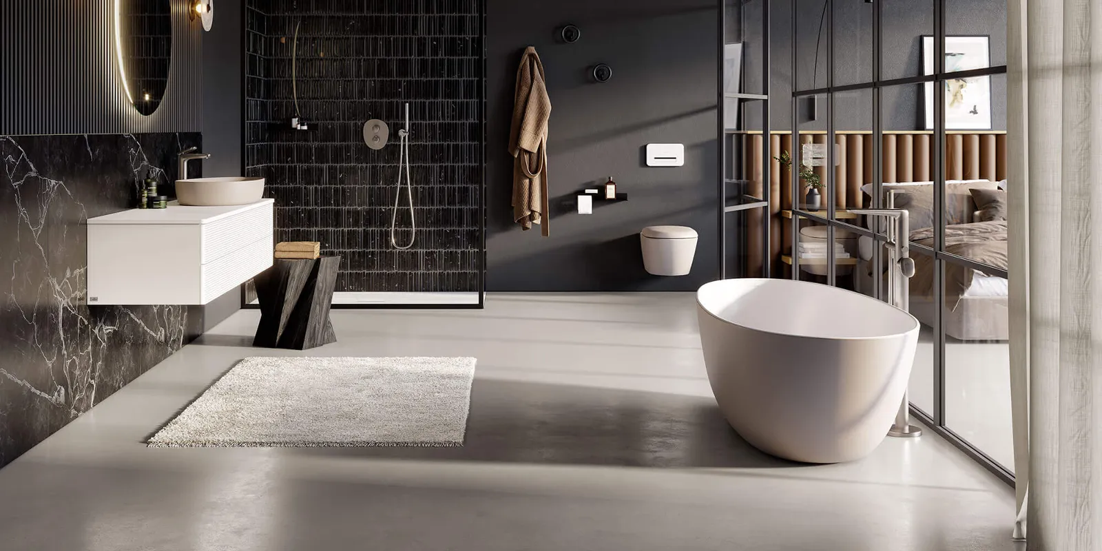 A modern bathroom with black walls and a white Antao bath by Villeroy & Boch.