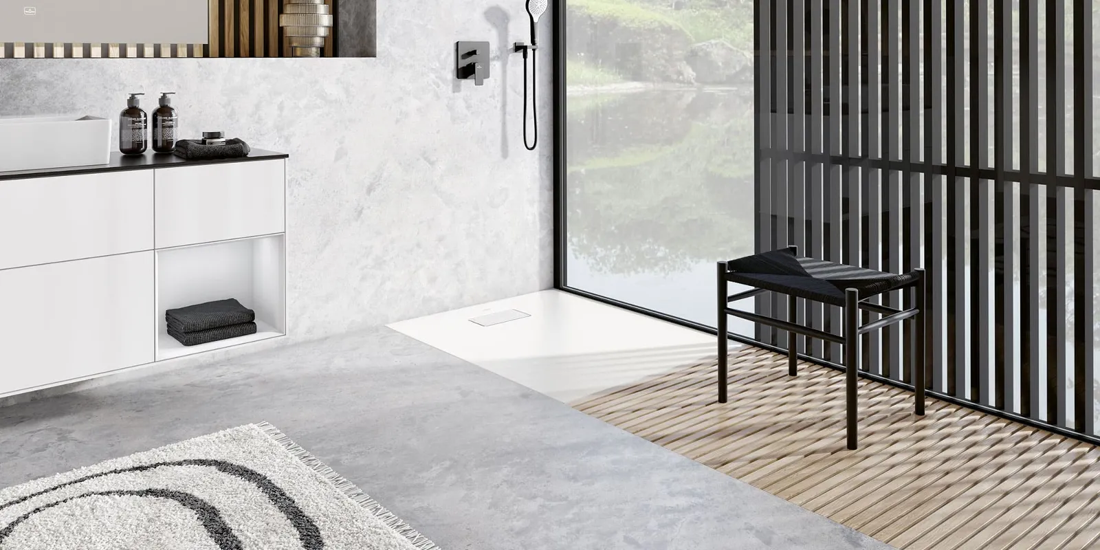 A white rimless Le Valence shower tray in a modern bathroom by Villeroy & Boch with wood panelling.