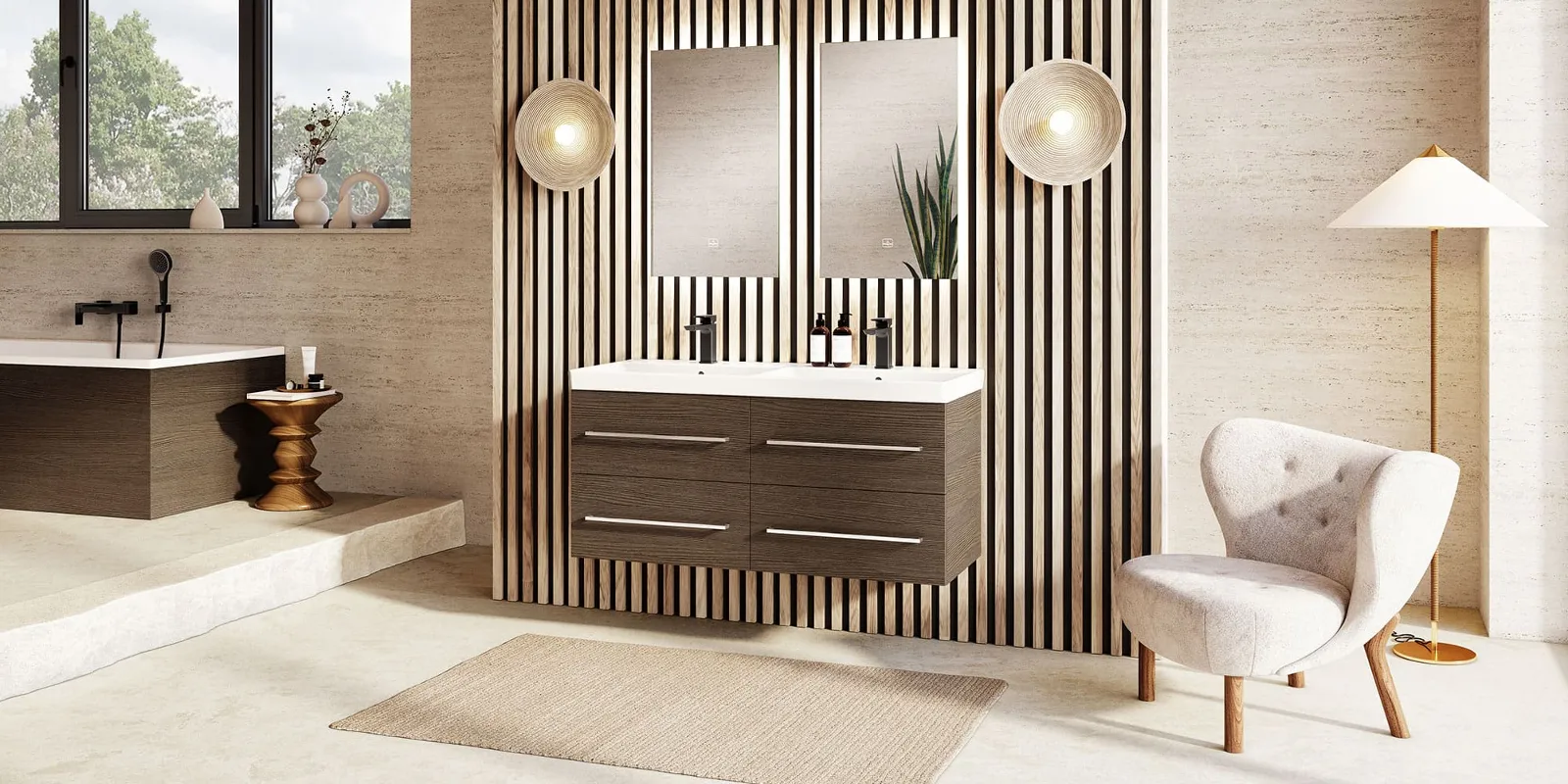 A bathroom with a wooden wall, in front of which is an Avento double washbasin on a wall-mounted vanity unit by Villeroy & Boch.