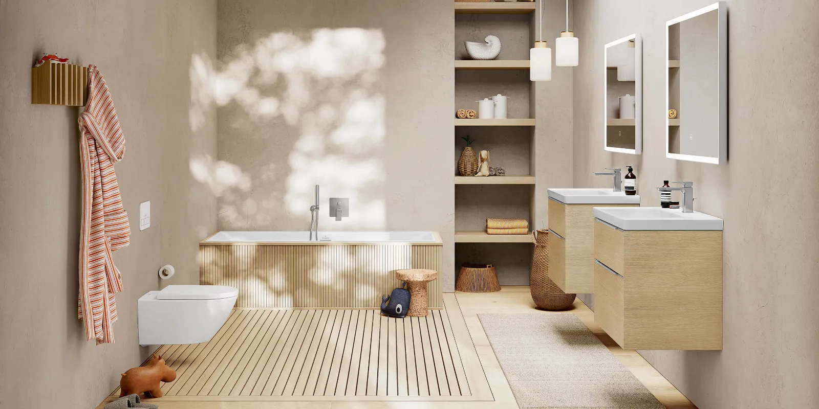 A bathroom with a wooden floor and elegant Subway 3.0 bathroom furniture in a wood look.