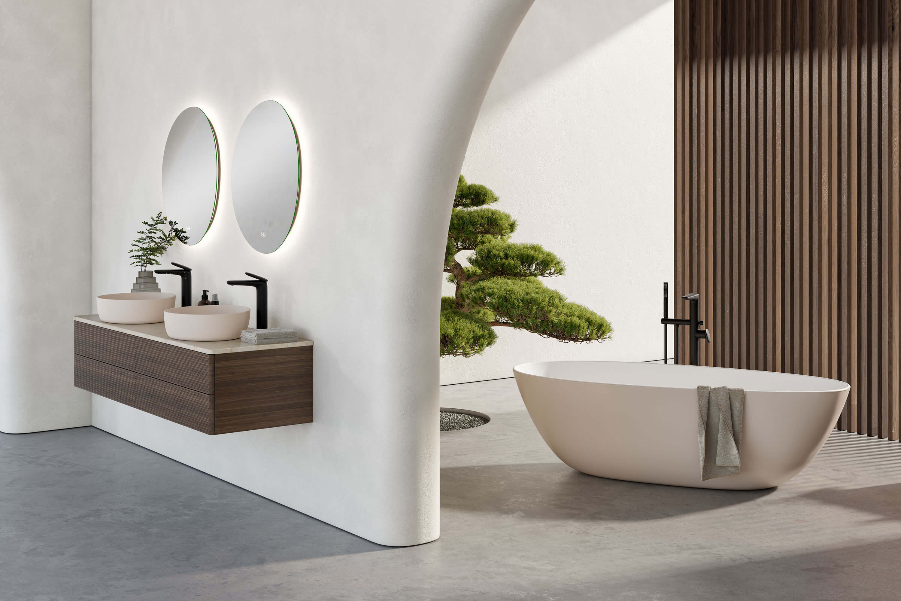 A modern bathroom with dark wood accents and an Antao bath and washbasin in beige.