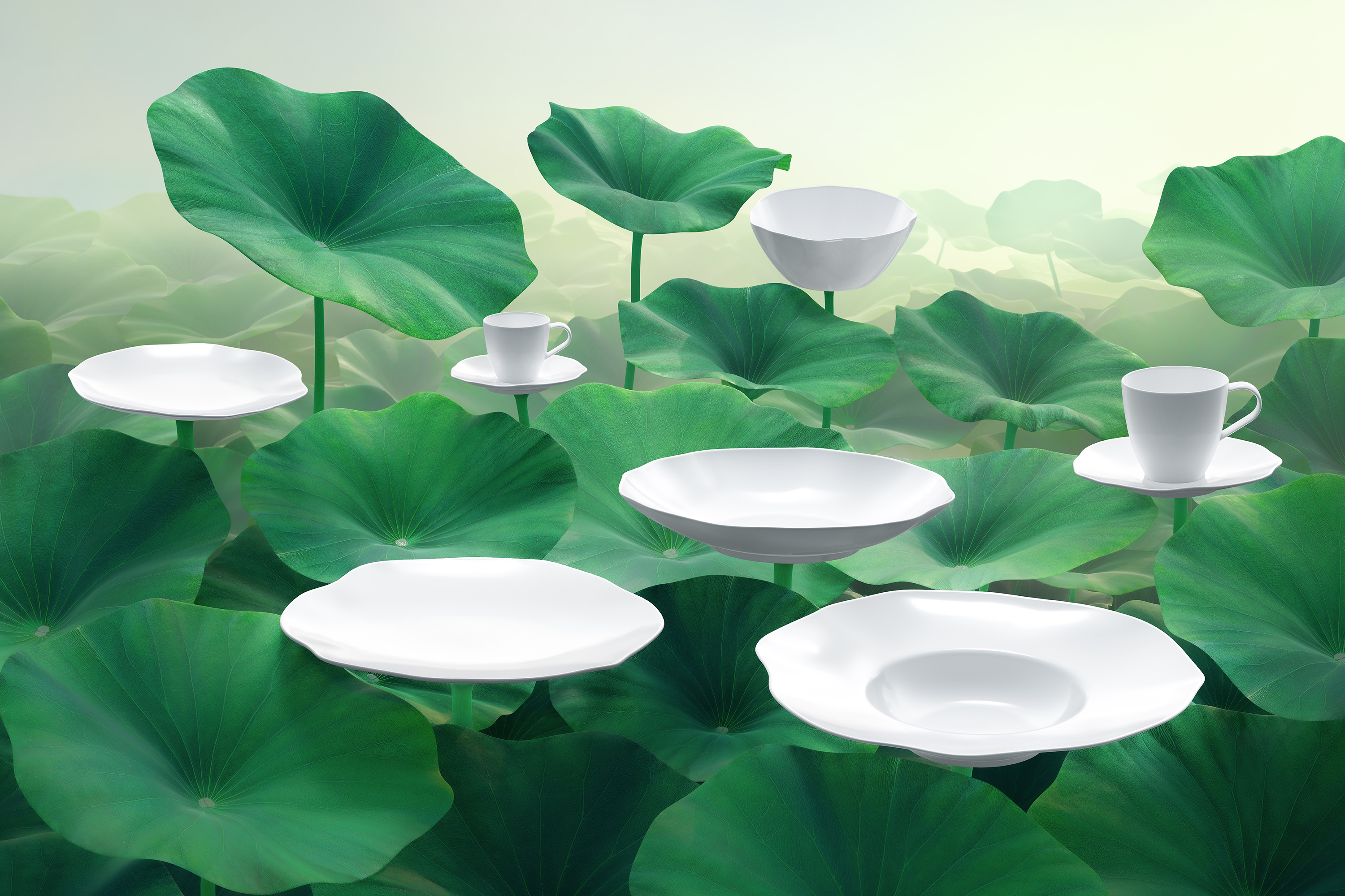 Elegant white dinnerware with flowing, organic shapes. Plates and Cups are flowing. Villeroy & Boch Pura Collection: The Pura dinnerware collection by Villeroy & Boch, presented as a stylish table setting with white plates and bowls.