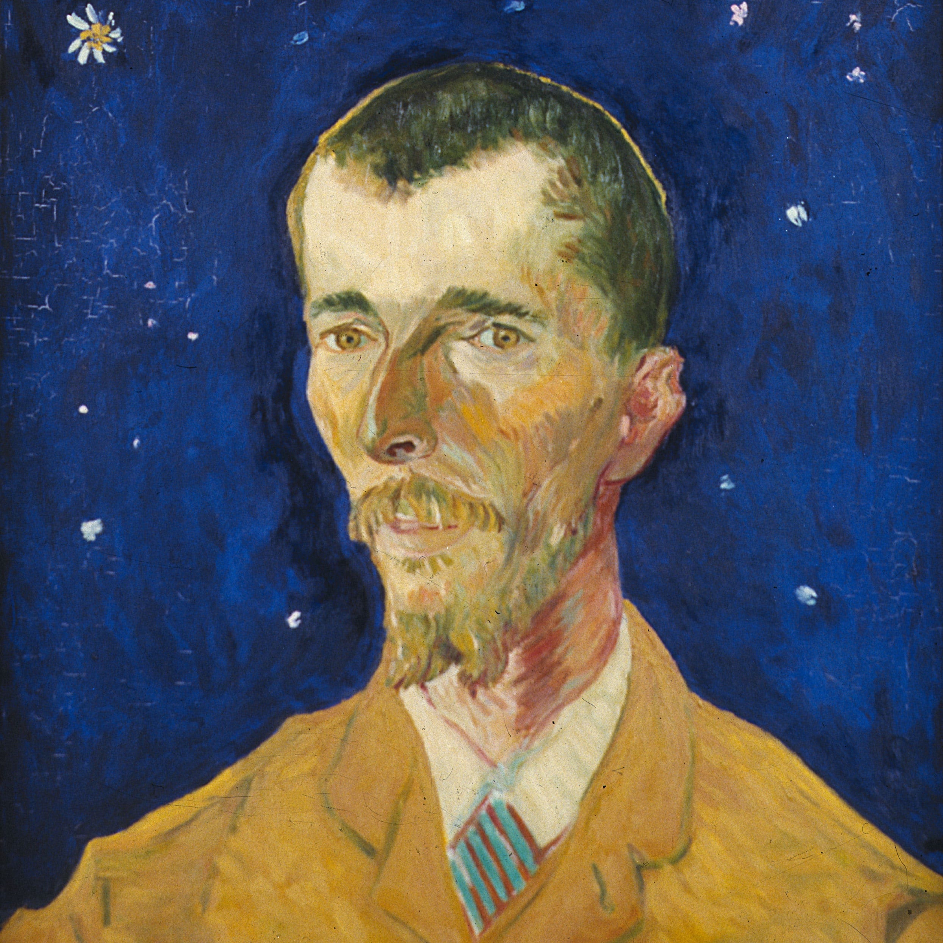 vb-vangogh-portrait François Villeroy painting by Van Gogh, a man with a beard and moustache in a brown jacket against a starry blue background.