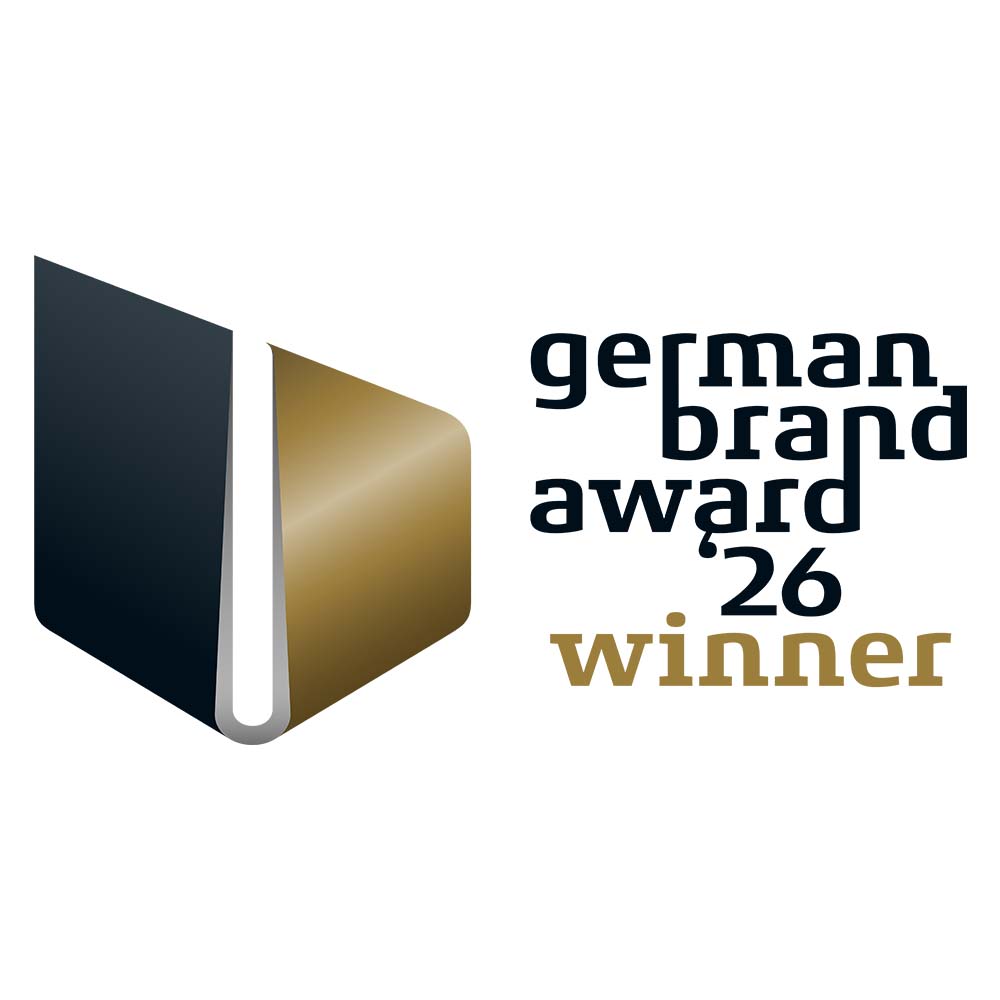 Logo for the ‘German Brand Award 24’ featuring the word ‘Winner’ in gold alongside a black-and-gold geometric shape on a black background.