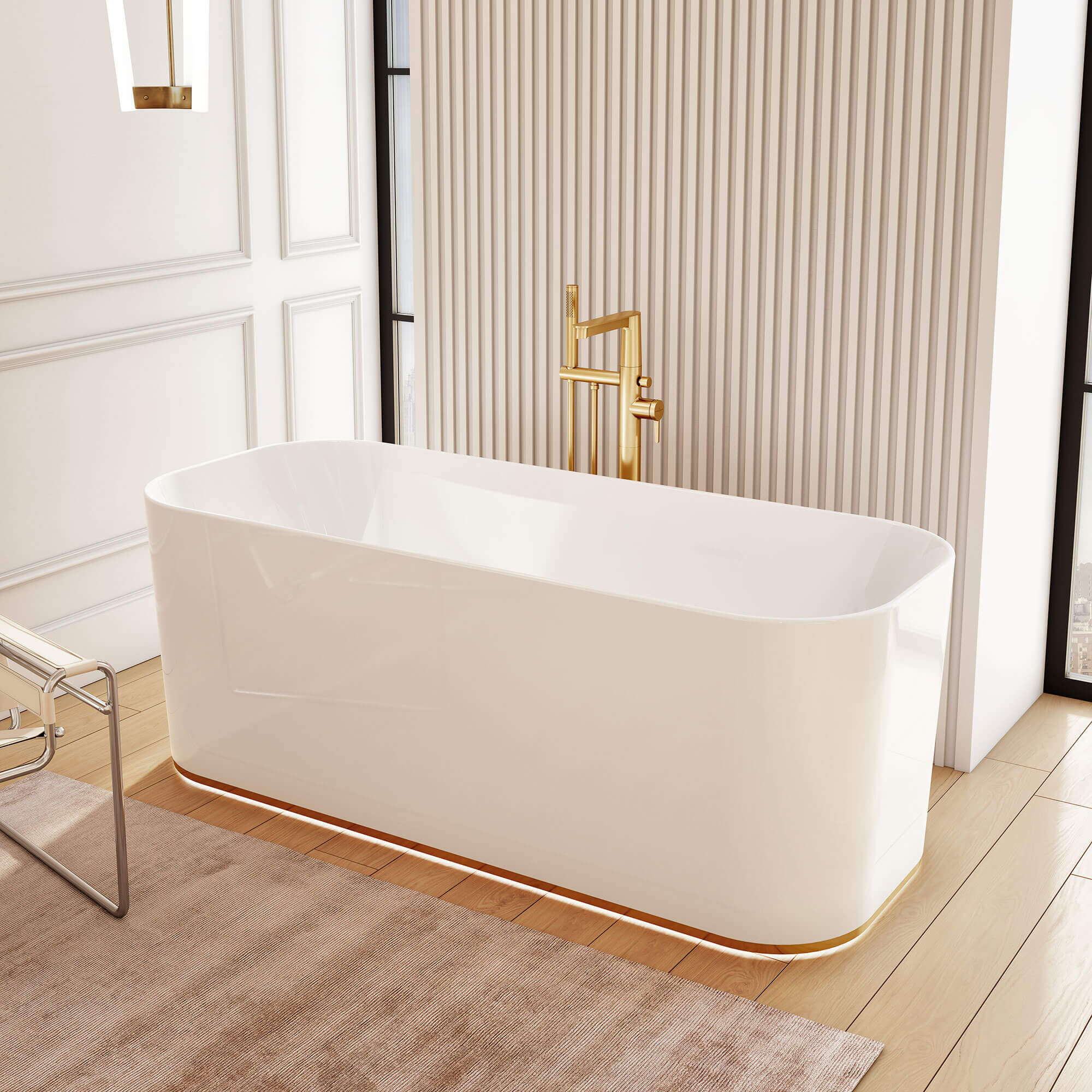 A white Finion bath with lighting and beige walls.