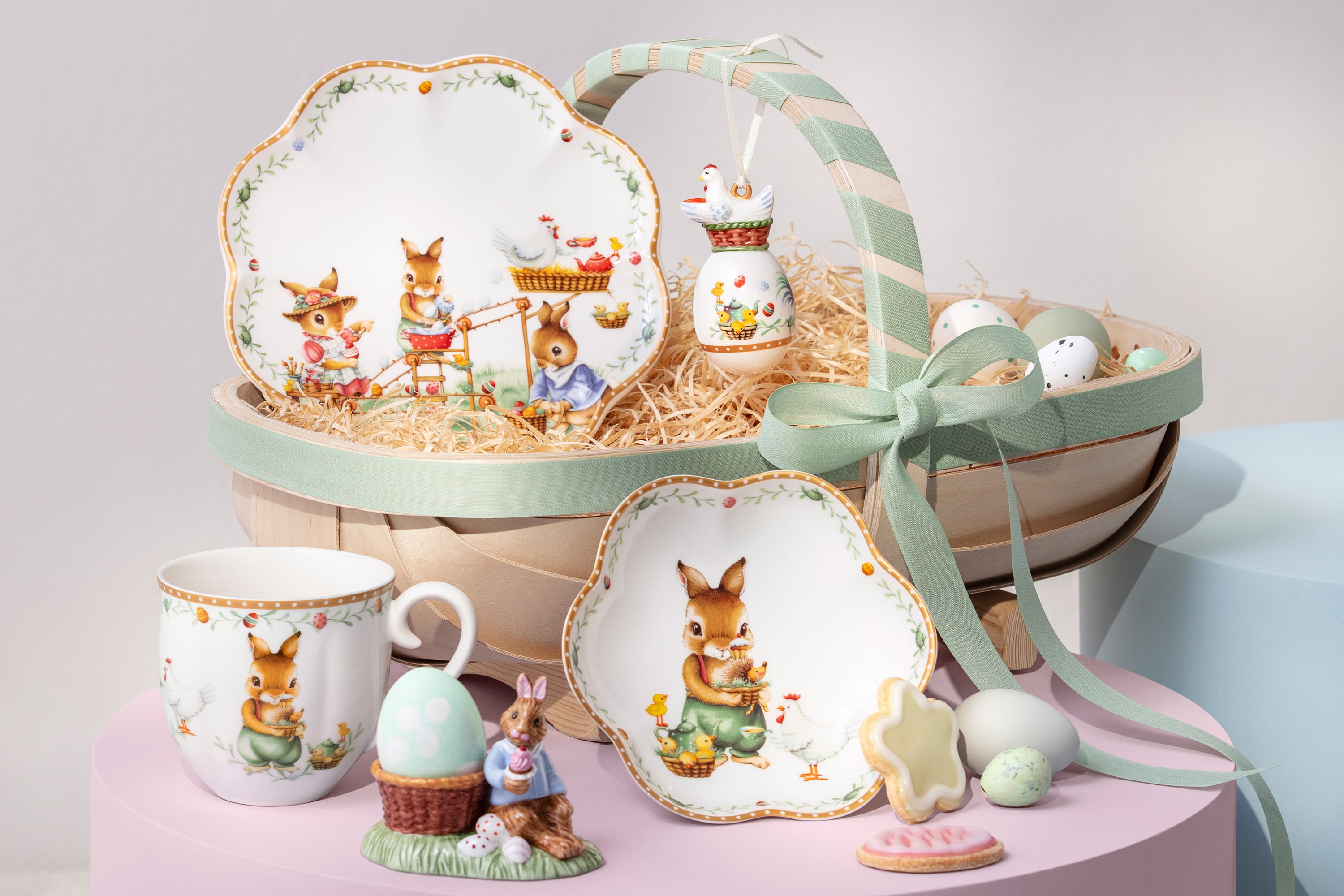A decorative Annual Easter Edition 2026 basket with bunny-themed plates, cup, figurine, cookies, eggs, and a green ribbon.