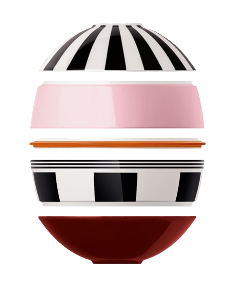The components of La petite Boule Memphis, shown vertical to show how they stack.